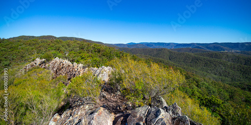 panorama of rocky mountainous ridge pages pinnacle, famous mountain near gold coast and sprinbrook national park; hiking in south east queensland, australia photo