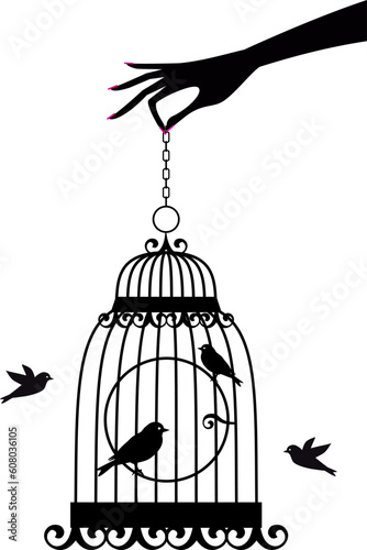 female hand holding birdcage with birds, vector
