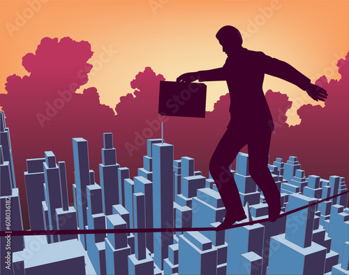 Editable vector outline of a businessman walking a tightrope