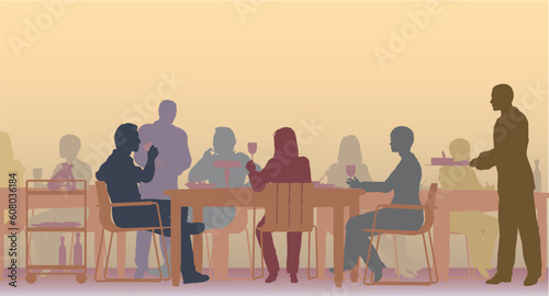 Editable vector scene of people eating in a restaurant