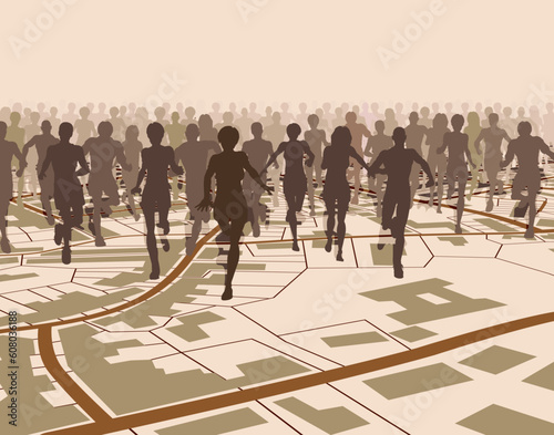 Editable vector illustration of a crowd of people running over a generic street map