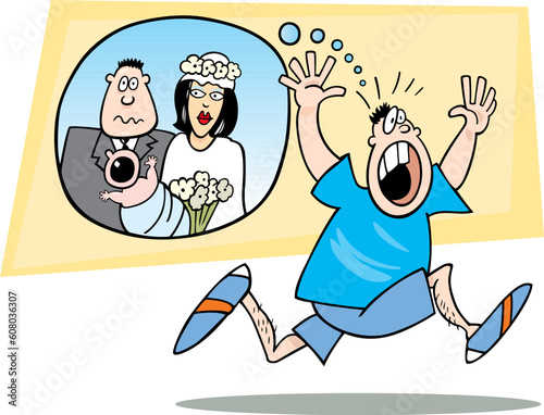 Illustration of running guy frightened of marriage and parenting