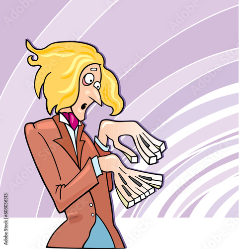 Cartoon illustration of virtuoso pianist