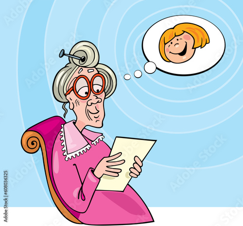 Illustration of grandma reading letter from granddaughter