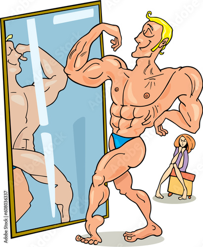Illustration of muscular man looking in the mirror