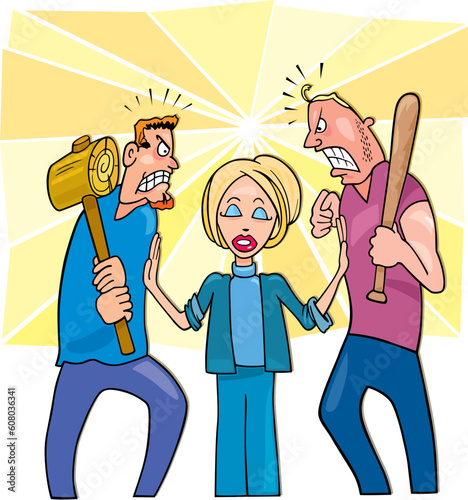Illustration of two angry men going to fight and calm woman peacemaker