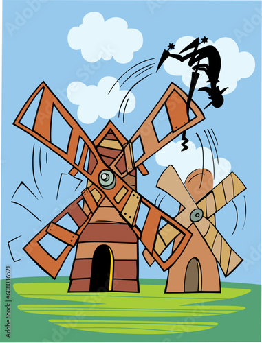 Illustration of Don Quixote and wind mill