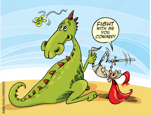 Humorous illustration of Dragon and Knight fighting