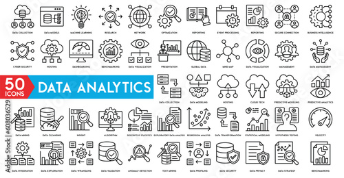 Data analytics icon set. Big data analysis technology symbol. Containing database, statistics, analytics, server, monitoring, computing and network icons