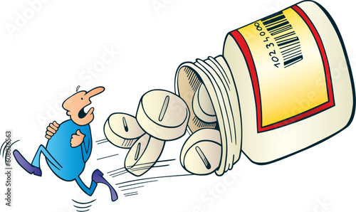 Illustration of man run away before pills