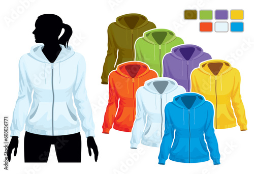 Woman body silhouette with colorful collection of sweatshirts