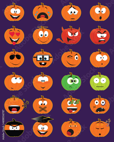 Set of 24 pumpkin-shaped smiley faces - vector illustrations