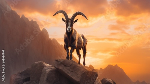 mountain goat on the sunset