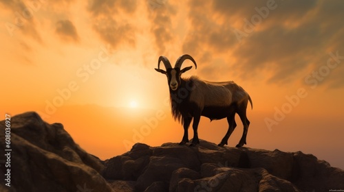 mountain goat on the sunset