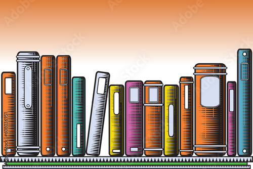 Editable vector illustration of colorful books on a shelf in woodcut style