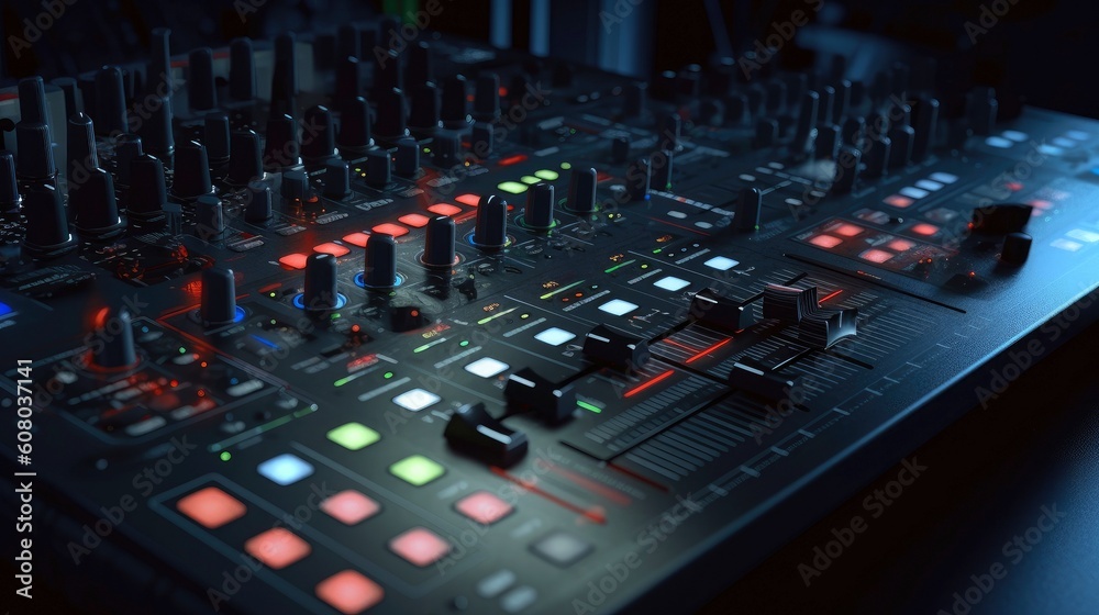 Sound panel for working in the studio and on TV projects. Close-up of the Mixing console. mixing knobs. mix musical tracks on techno party in night club. blurred concept, Generative AI illustration Sound panel for working in the studio and on TV projects. Close-up of the Mixing console. mixing knobs. mix musical tracks on techno party in night club. blurred concept, Generative AI illustration