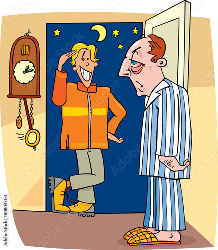 cartoon illustration of guy visiting man in the middle of the night