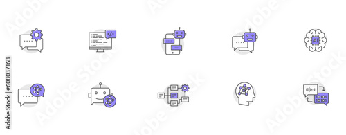 Simple Vector flat icon set of Intelligent conversation, Language model symbol collection, Smart language chat, chatbot icons on transparent background. 