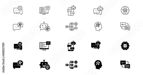 Black vector outline, line, flat icon set of Intelligent conversation, Language model symbol collection, Smart language chat, chatbot icons on transparent background. 
