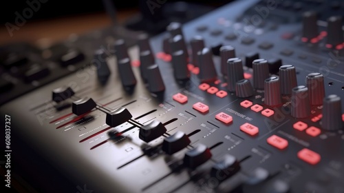 Sound panel for working in the studio and on TV projects. Close-up of the Mixing console. mixing knobs. mix musical tracks on techno party in night club. blurred concept, Generative AI illustration
