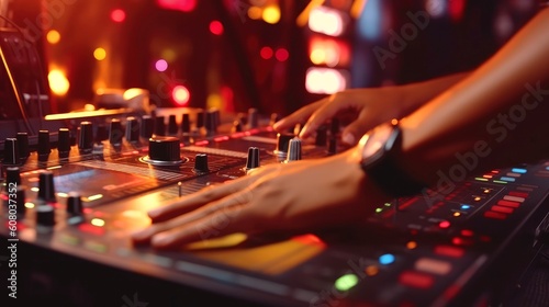 Sound panel for working in the studio and on TV projects. Close-up of the Mixing console. mixing knobs. mix musical tracks on techno party in night club. blurred concept, Generative AI illustration