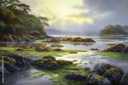 Early morning dawn landscape, rocks and water, sea, Celtic, Ireland. Generative AI © Sunshower Shots