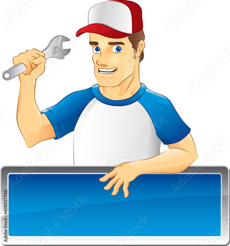 An illustration of a mechanic with red hat.