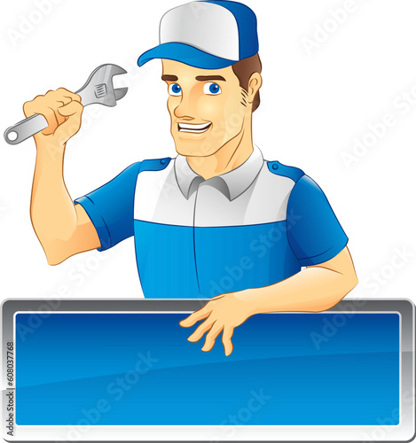 An illustration of a mechanic with blue hat.