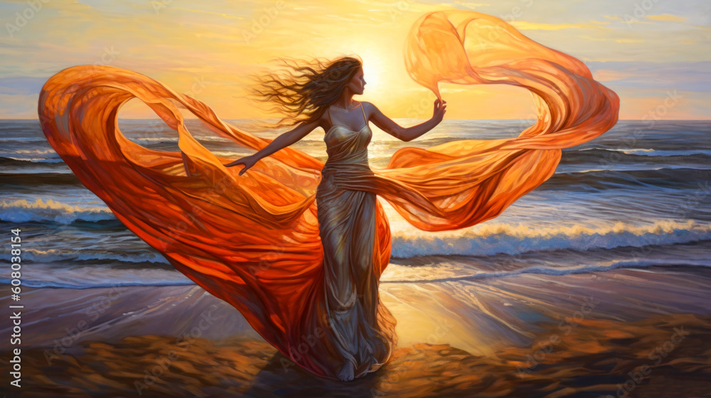 Woman in a flowing red dress dancing on the ocean shore, Celtic, painting. Generative AI - obrazy, fototapety, plakaty 