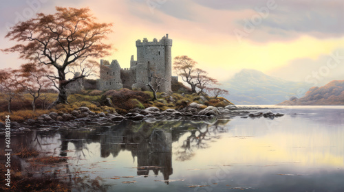 Old stone castle building on lake shore, landscape, Celtic. Generative AI