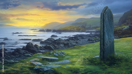 Standing stone by seashore in the early morning dawn misty fog  empty landscape painting  Celtic. Generative AI