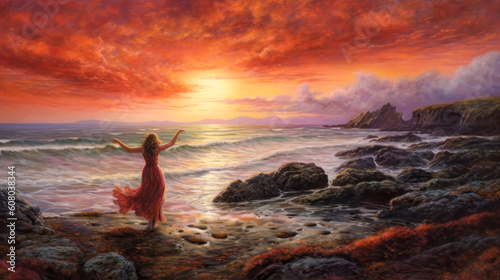 Woman in red dress dancing on the rocky seashore in the early morning dawn, landscape painting, red warm colors, Celtic. Generative AI