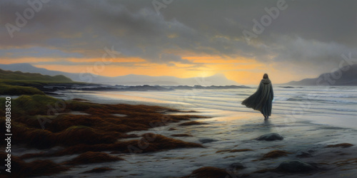 Cloaked figure walking along sea shore at dawn, misty, Celtic, landscape, painting. Generative AI