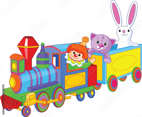 Toy train. Clown, cat and bunny sitting in the train