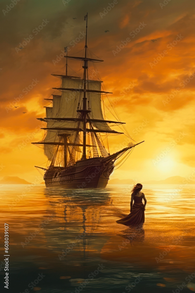 Woman walking into the ocean towards a sailing ship, sunrise. Generative AI