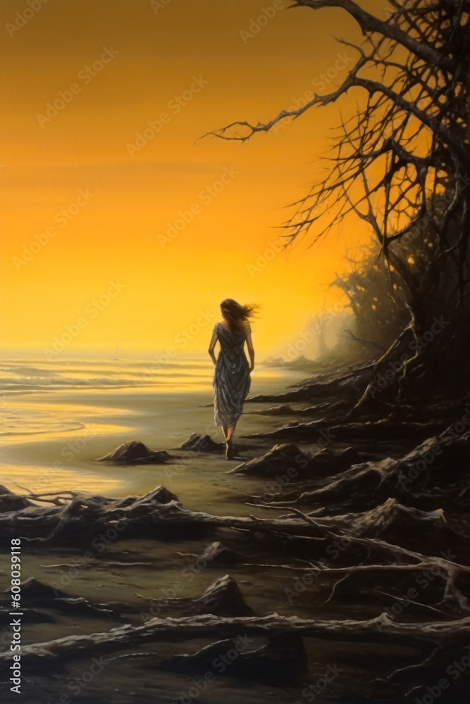 Woman walking along a shore with a yellow otherworldly sky, painting. Generative AI