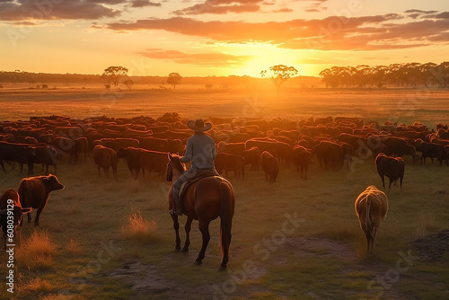 Obraz na płótnie Australian outback landscape with man on horse herding cattle along a dusty paddock at sunset