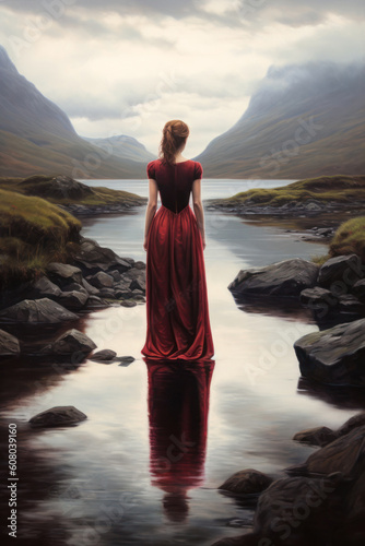 Woman in a red dress, back turned, standing in a stream, looking into a misty valley. Generative AI