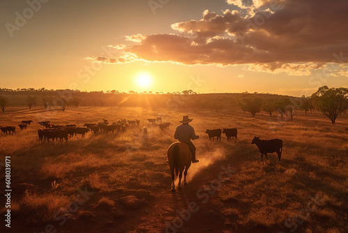 Australian outback landscape with man on horse herding cattle along a dusty paddock at sunset.  Generative AI © Inge