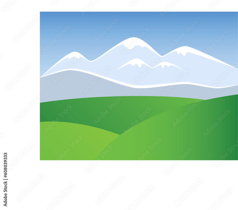 Vector picture of landscape with mountains, blue sky and green meadow