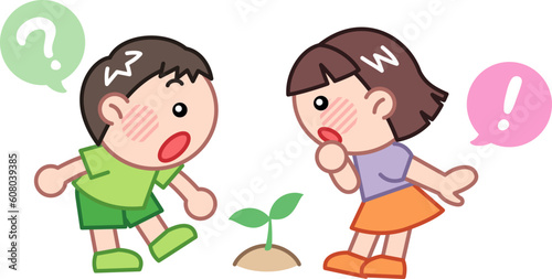 植物の芽を見つけるかわいい男女のこども