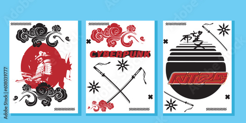 Abstract Japanese art collection on white background set. Brochure, banner, poster design. Sealed with a decorative red stamp. Japanese stylized symbol. Vector illustration.