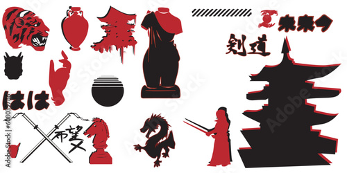 Retro futuristic, rave trip elements set. Acid geometric shapes style. Psycho, street, vaporwave 80s, 90s elements. Y2k symbols Translation of Japanese inscriptions - cyberpunk, paradise