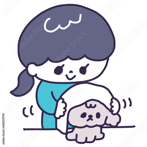 かわいいトイプードルの子犬をタオルで拭いている若い女性のイラスト