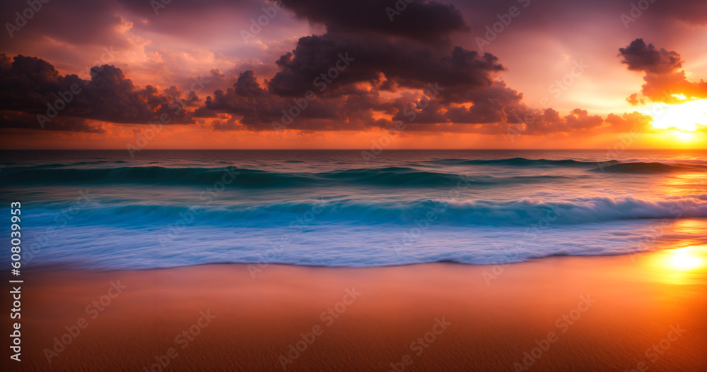 An idyllic sunset on the beach, with vibrant colors reflecting off the calm ocean, creating a serene and magical atmosphere. Generative AI