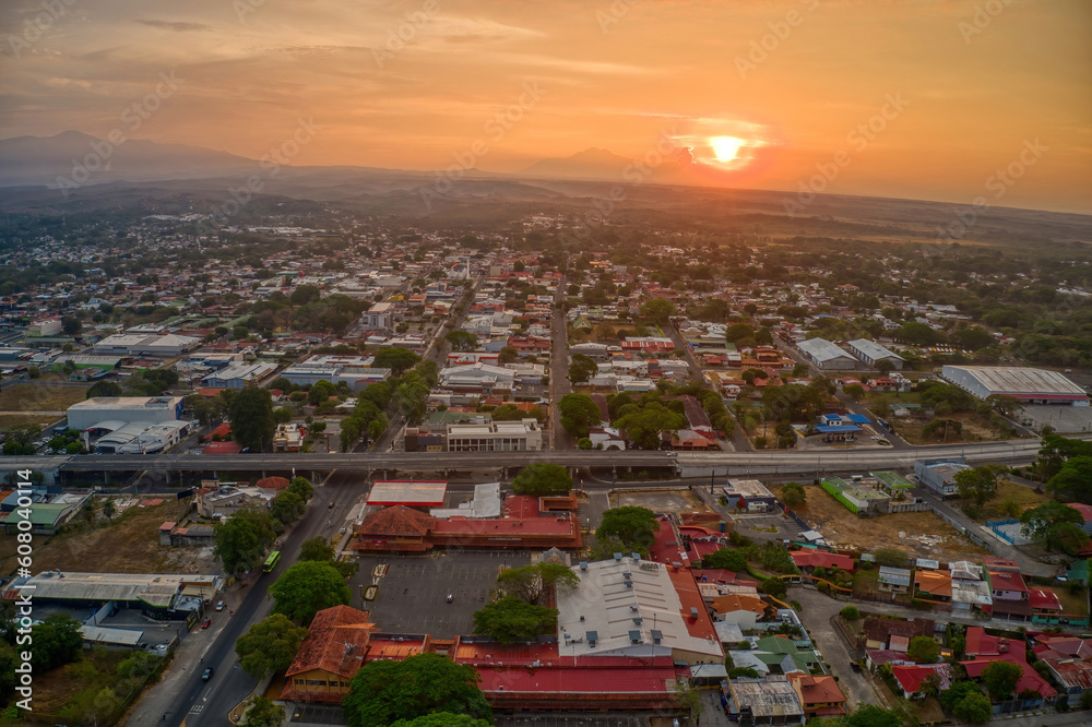 Aerial View of Liberia, Costa Rica at Dusk or Dawn.