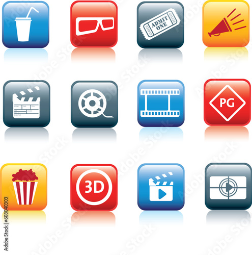 movie, film and cinema, typical square icon buttons