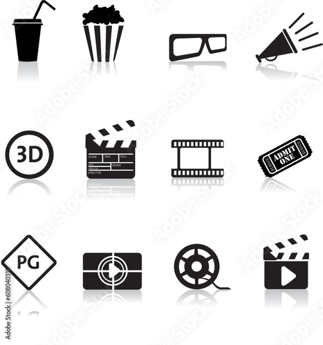 movie, film and cinema, typical black silhouette icon buttons