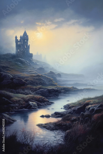 Misty fog early morning dawn empty landscape with old stone castle ruins  water  shore  Celtic  Ireland. Generative AI