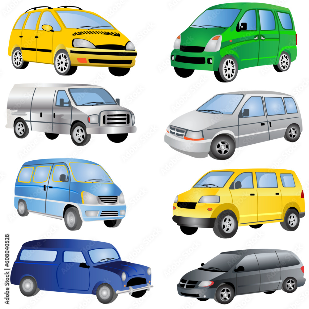 Vector illustration of different minivan cars isolated on white background.